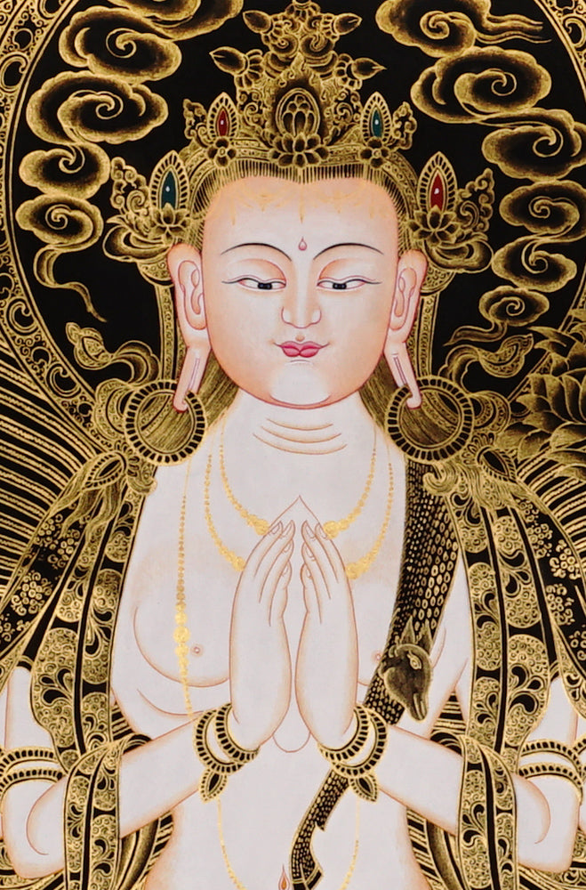 Chenrezig Thangka from Nepal with Avalokiteshvara symbolism, traditional craftsmanship, and sacred Buddhist art detail.