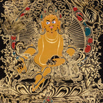 Yellow Zambhala Thangka painting with gold detailing, lotus throne, symbolic birds, and Tibetan Buddhist prosperity symbolism.