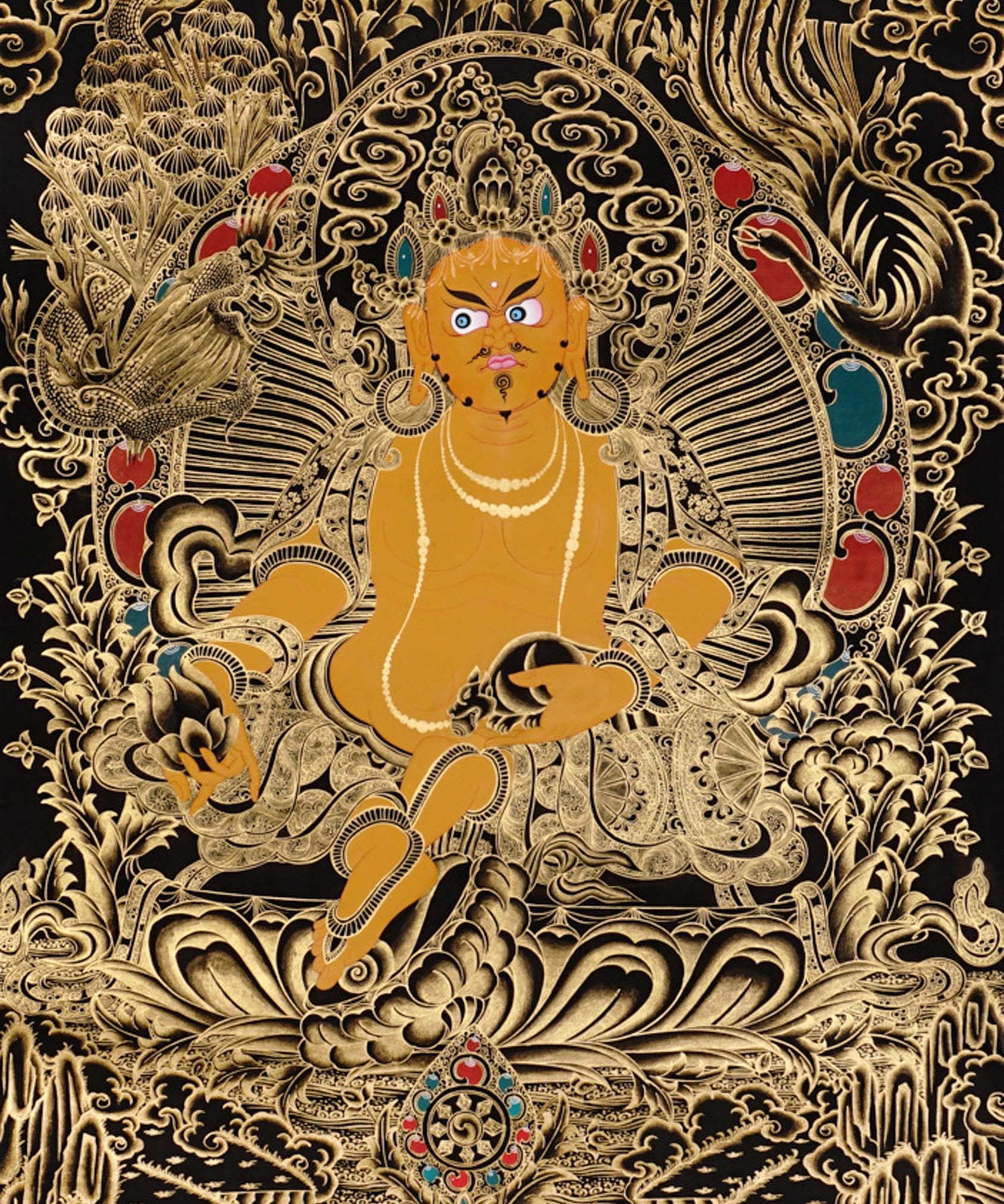 Yellow Zambhala Thangka painting with gold detailing, lotus throne, symbolic birds, and Tibetan Buddhist prosperity symbolism.