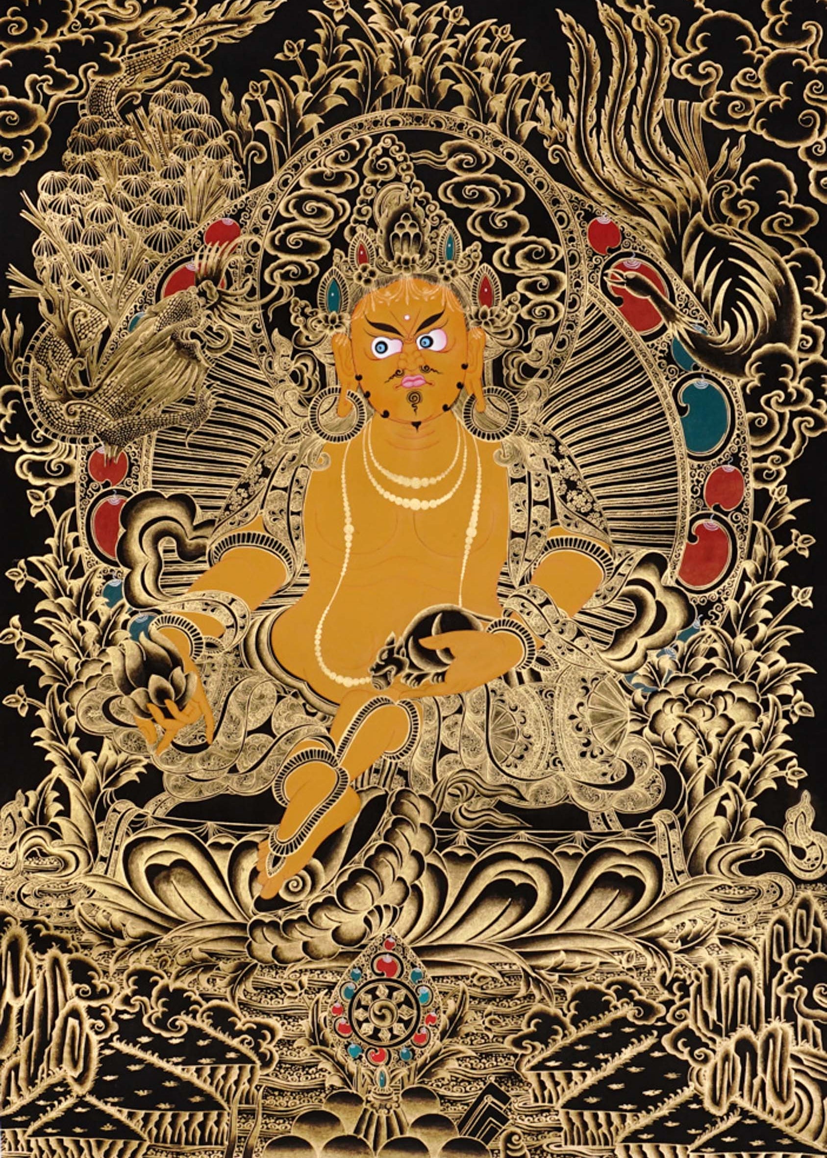 Yellow Zambhala Thangka painting with gold detailing, lotus throne, symbolic birds, and Tibetan Buddhist prosperity symbolism.