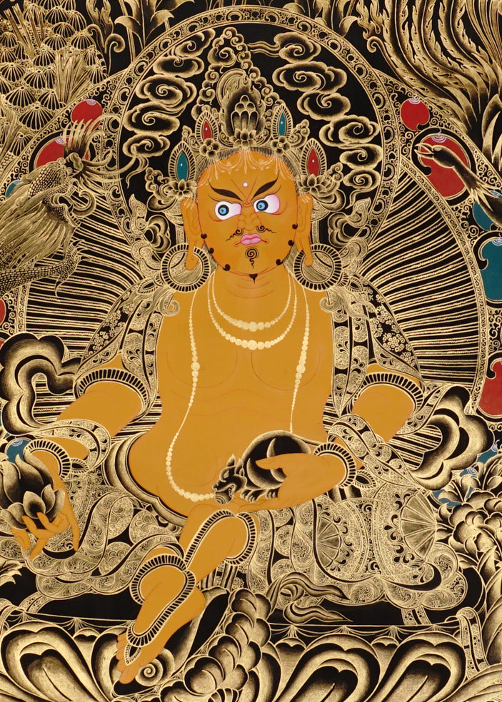 Yellow Zambhala Thangka painting with gold detailing, lotus throne, symbolic birds, and Tibetan Buddhist prosperity symbolism.