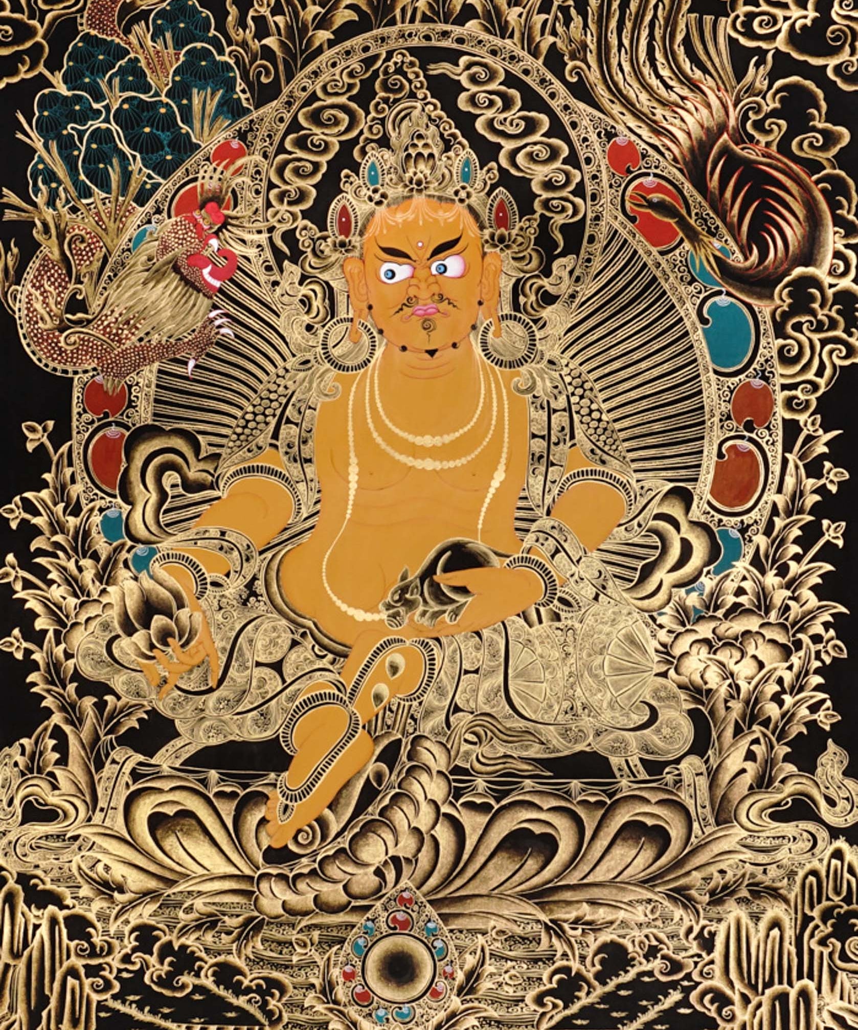 Yellow Zambala Thangka painting with gold detailing, lotus throne, symbolic birds, and Tibetan Buddhist prosperity symbolism.