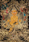 Yellow Zambala Thangka painting with gold detailing, lotus throne, symbolic birds, and Tibetan Buddhist prosperity symbolism.