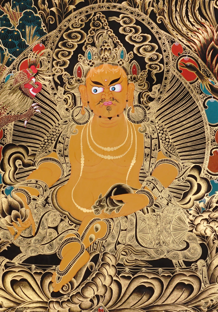 Yellow Zambala Thangka painting with gold detailing, lotus throne, symbolic birds, and Tibetan Buddhist prosperity symbolism.