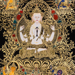 Chenrezig Thangka painting with gold detailing, Avalokiteshvara seated on lotus throne, attendant figures, and Tibetan Buddhist compassion symbolism.