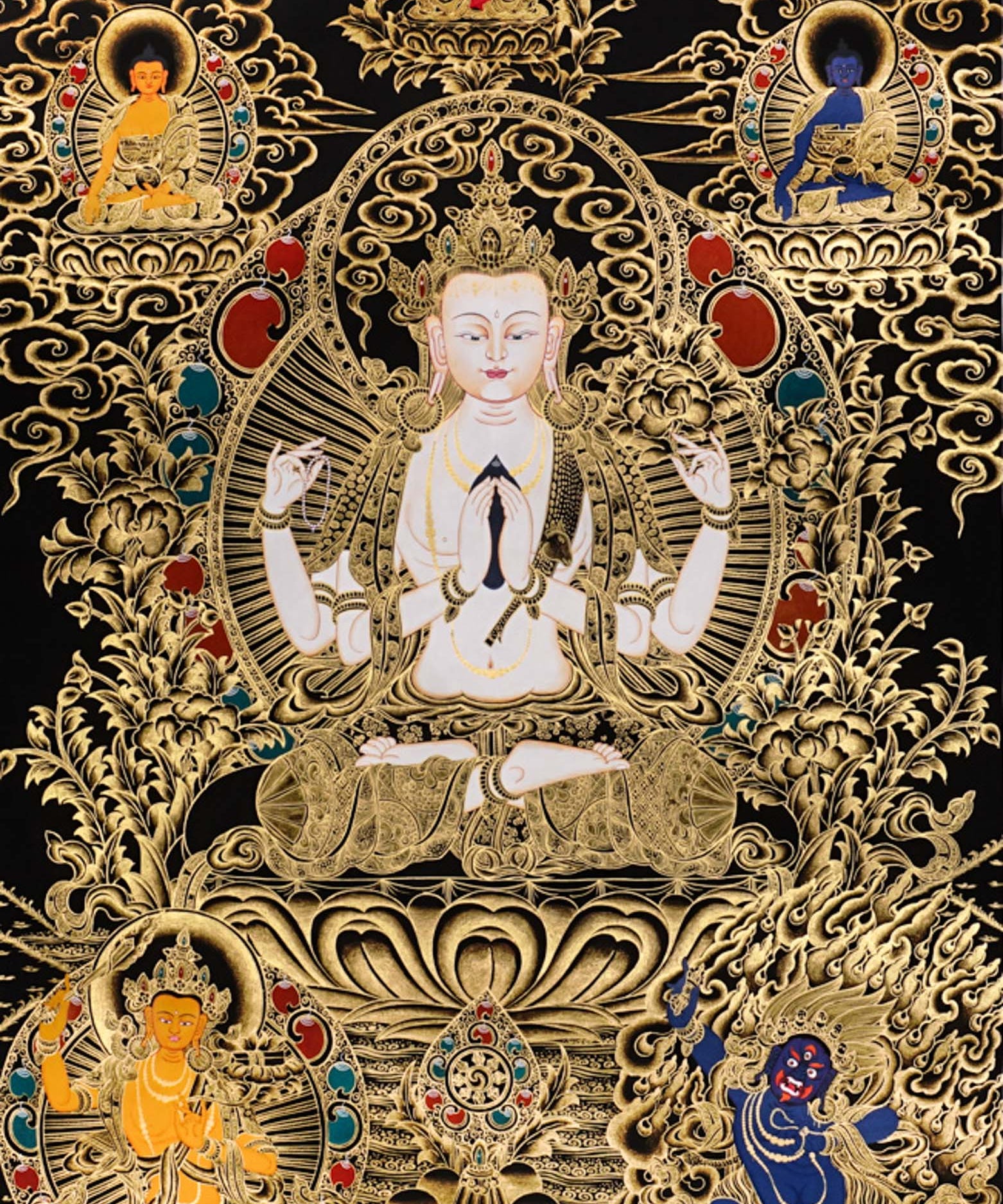 Chenrezig Thangka painting with gold detailing, Avalokiteshvara seated on lotus throne, attendant figures, and Tibetan Buddhist compassion symbolism.