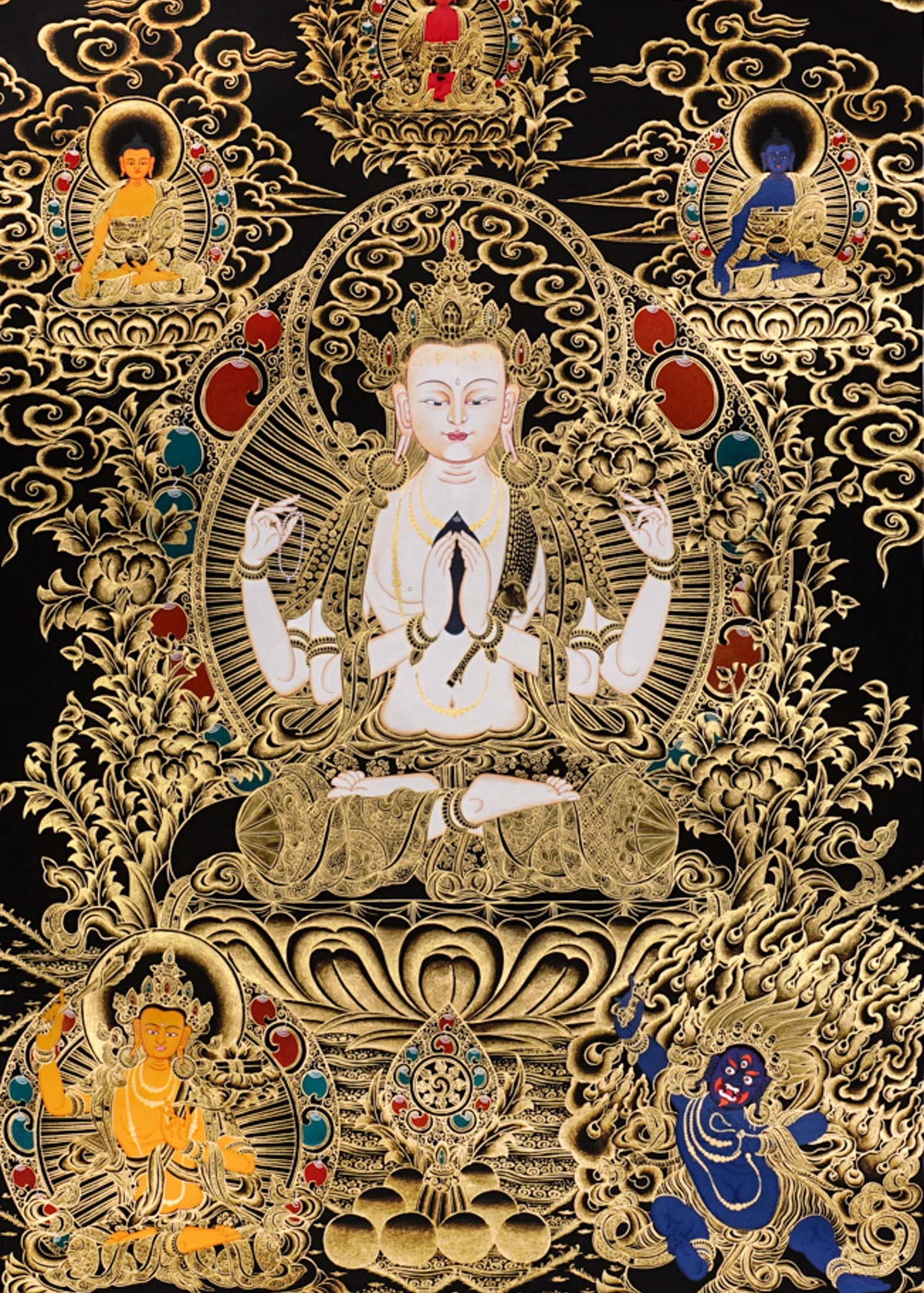 Chenrezig Thangka painting with gold detailing, Avalokiteshvara seated on lotus throne, attendant figures, and Tibetan Buddhist compassion symbolism.
