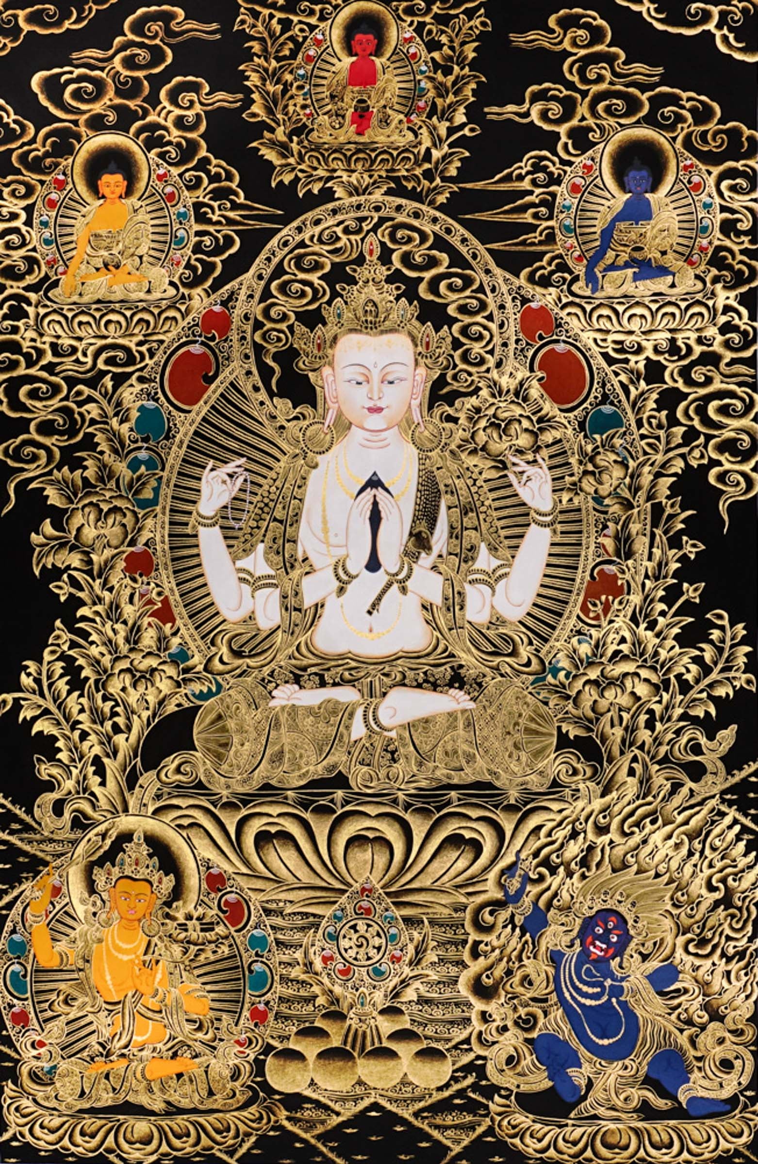 Chenrezig Thangka painting with gold detailing, Avalokiteshvara seated on lotus throne, attendant figures, and Tibetan Buddhist compassion symbolism.