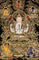 Chenrezig Thangka painting with gold detailing, Avalokiteshvara seated on lotus throne, attendant figures, and Tibetan Buddhist compassion symbolism.