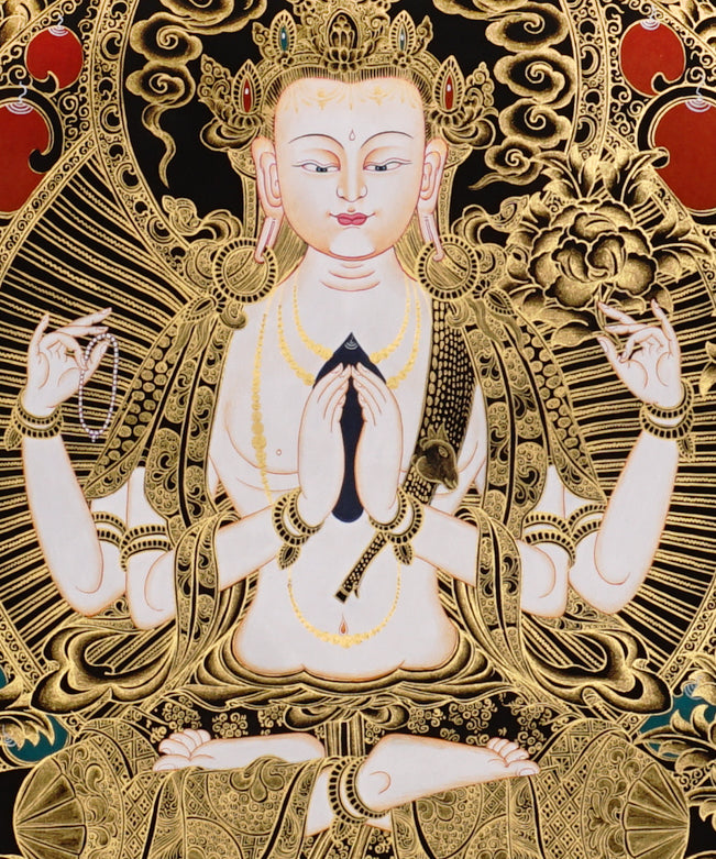 Chenrezig Thangka painting with gold detailing, Avalokiteshvara seated on lotus throne, attendant figures, and Tibetan Buddhist compassion symbolism.