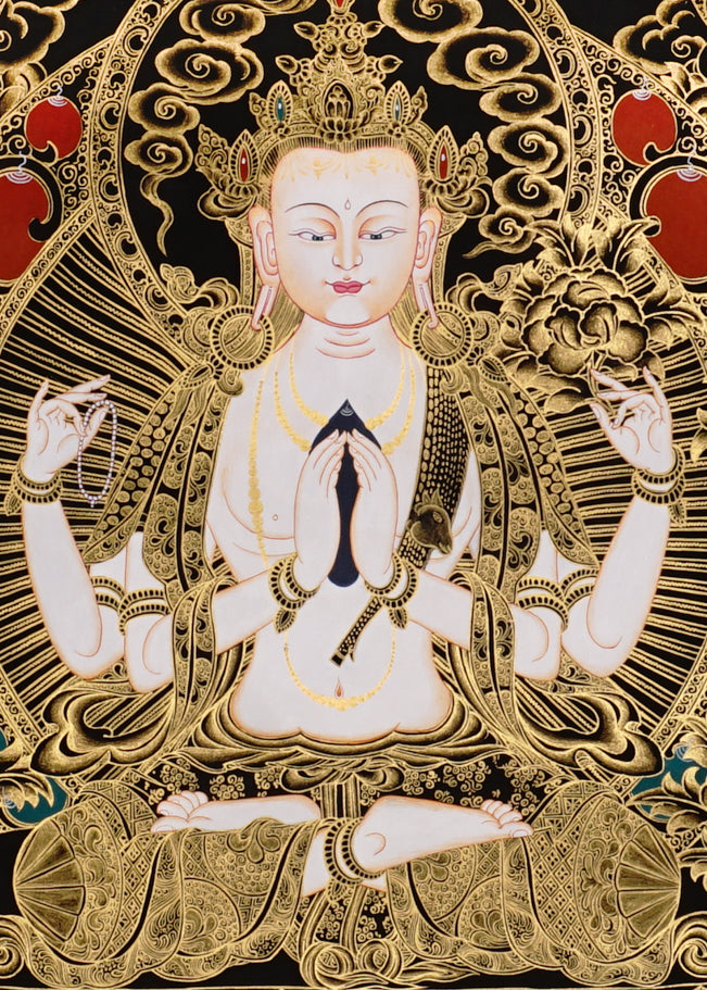 Chenrezig Thangka painting with gold detailing, Avalokiteshvara seated on lotus throne, attendant figures, and Tibetan Buddhist compassion symbolism.