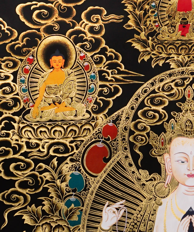 Chenrezig Thangka painting with gold detailing, Avalokiteshvara seated on lotus throne, attendant figures, and Tibetan Buddhist compassion symbolism.