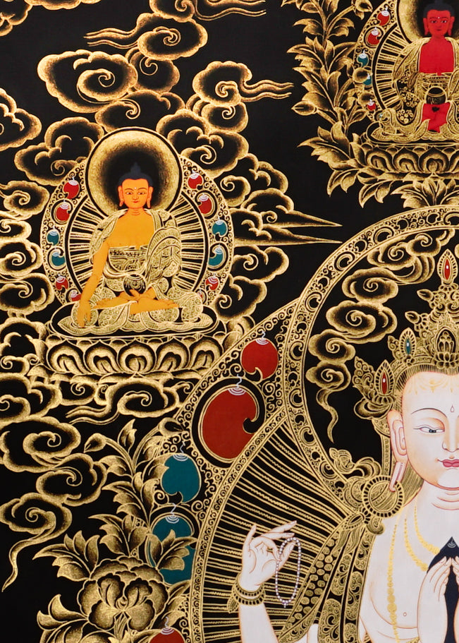 Chenrezig Thangka painting with gold detailing, Avalokiteshvara seated on lotus throne, attendant figures, and Tibetan Buddhist compassion symbolism.