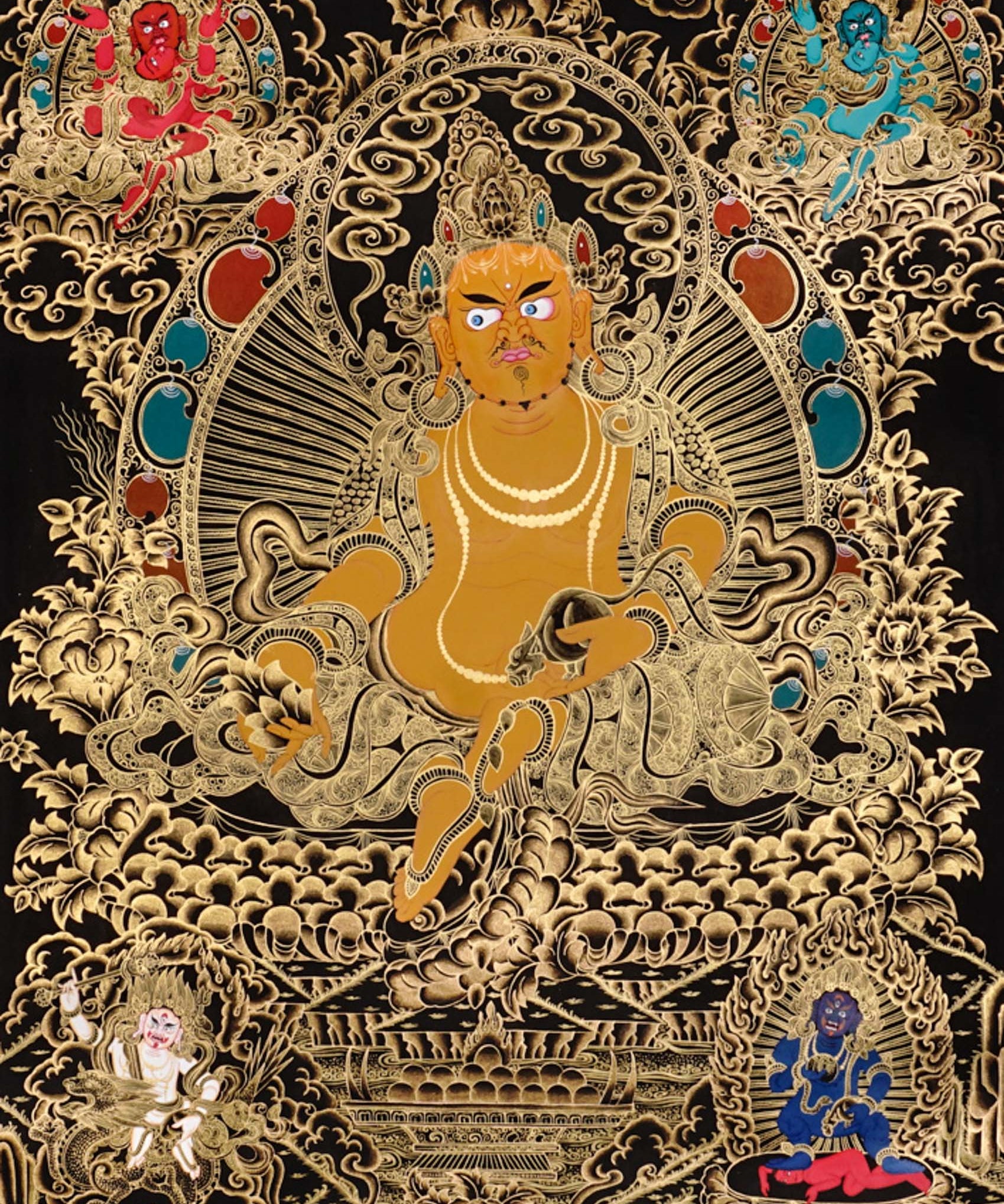 black and gold Zambhala thangka painting showing Tibetan wealth deity with mongoose and intricate gold detailing