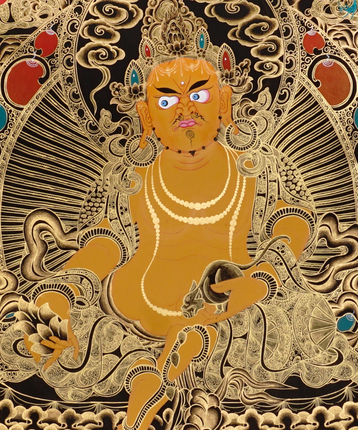 black and gold Zambhala thangka painting showing Tibetan wealth deity with mongoose and intricate gold detailing