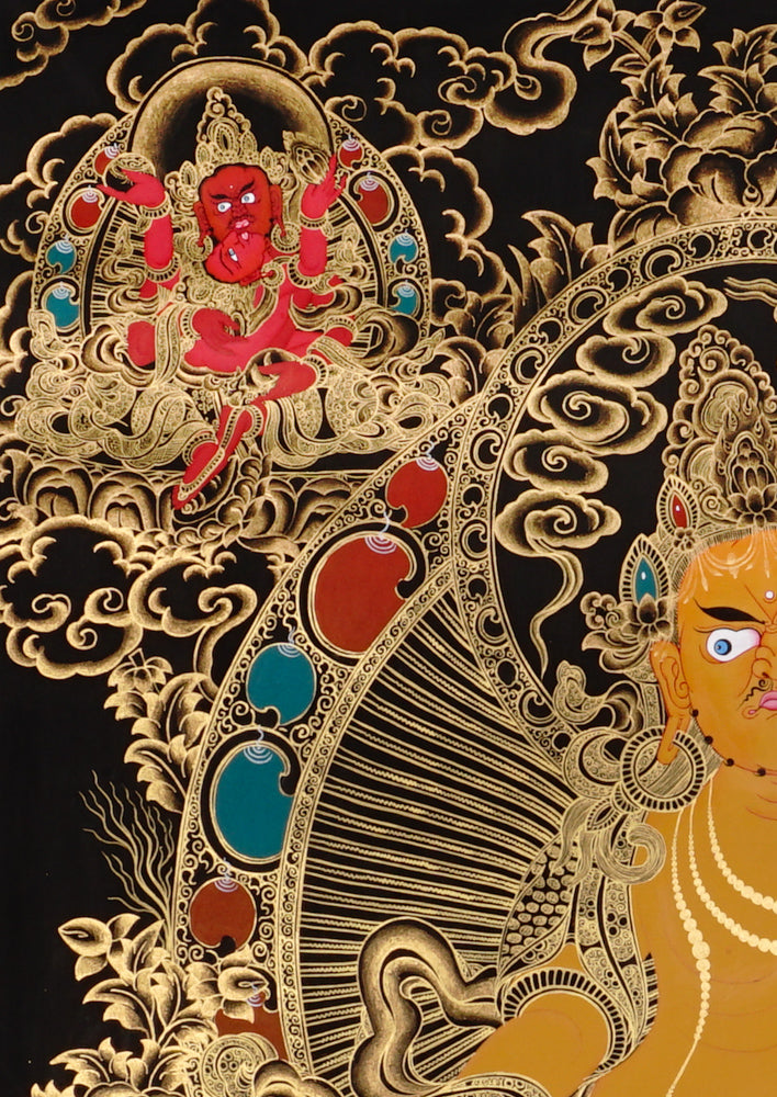 black and gold Zambhala thangka painting showing Tibetan wealth deity with mongoose and intricate gold detailing