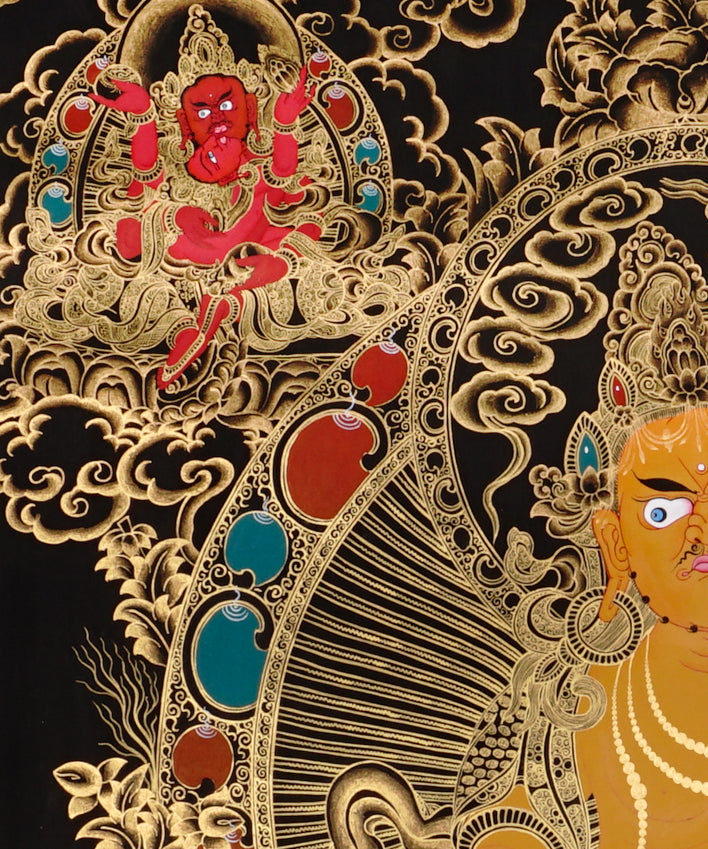 black and gold Zambhala thangka painting showing Tibetan wealth deity with mongoose and intricate gold detailing