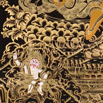 black and gold Zambhala thangka painting showing Tibetan wealth deity with mongoose and intricate gold detailing