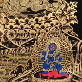 black and gold Zambhala thangka painting showing Tibetan wealth deity with mongoose and intricate gold detailing