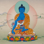 Medicine Buddha Thangka Painting symbolizing healing, inner balance, and compassionate wisdom in Himalayan Buddhist art.