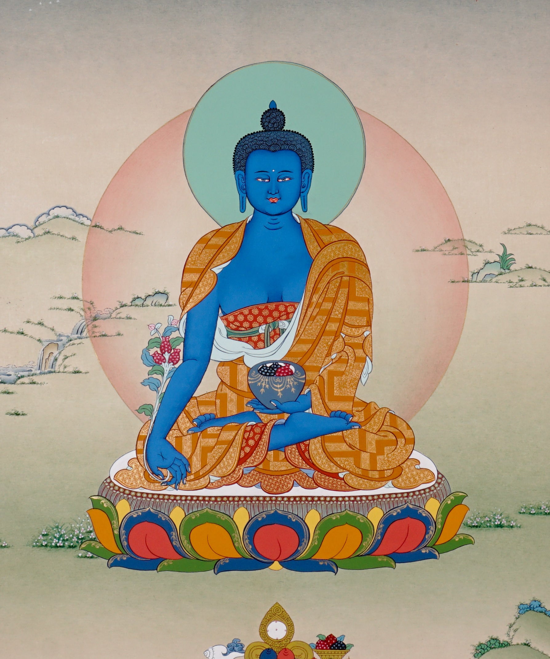 Medicine Buddha Thangka Painting symbolizing healing, inner balance, and compassionate wisdom in Himalayan Buddhist art.