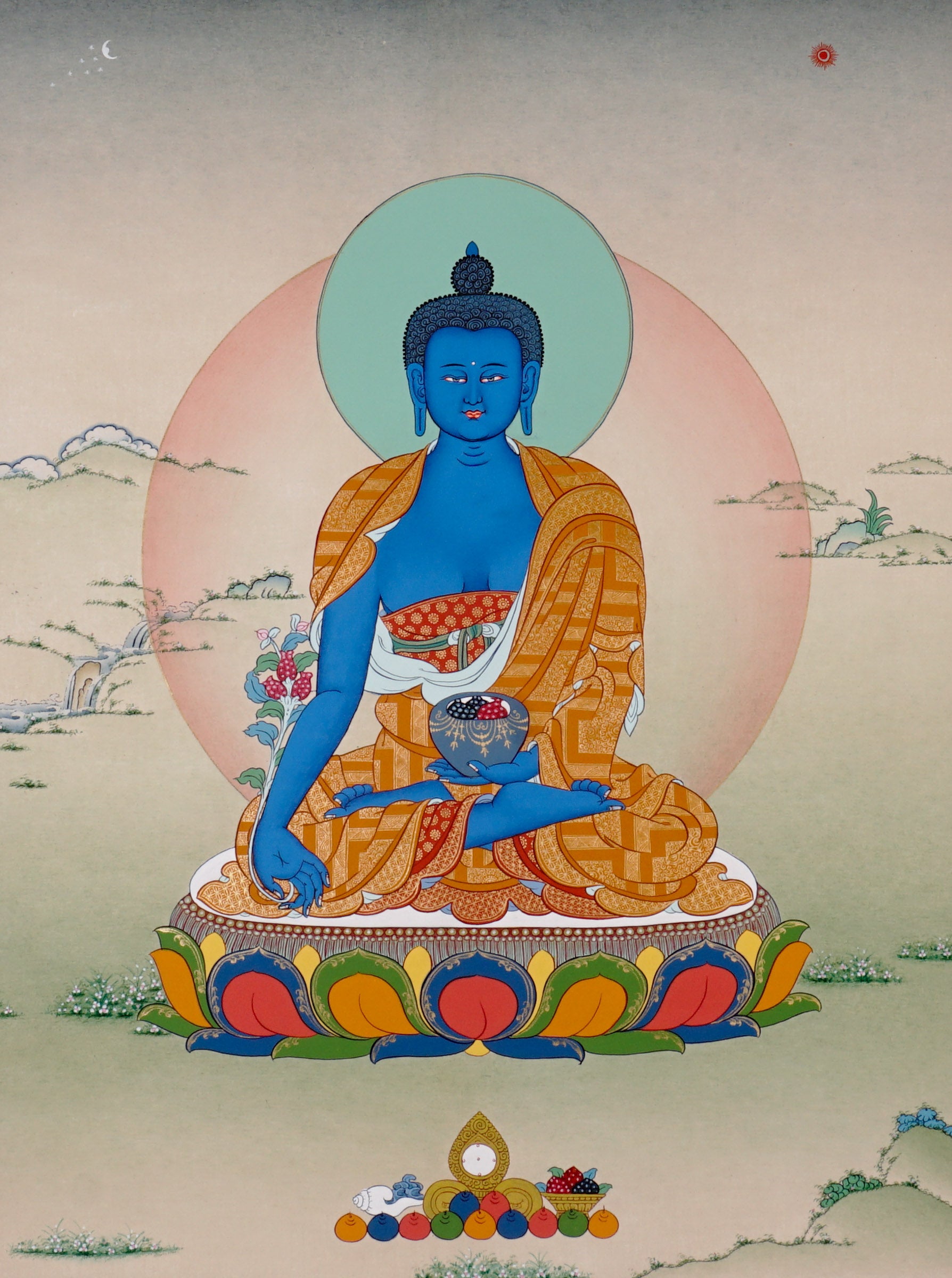 Medicine Buddha Thangka Painting symbolizing healing, inner balance, and compassionate wisdom in Himalayan Buddhist art.