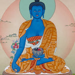 Medicine Buddha Thangka painting with blue Buddha figure, healing bowl, lotus throne, and Tibetan Buddhist healing symbolism.