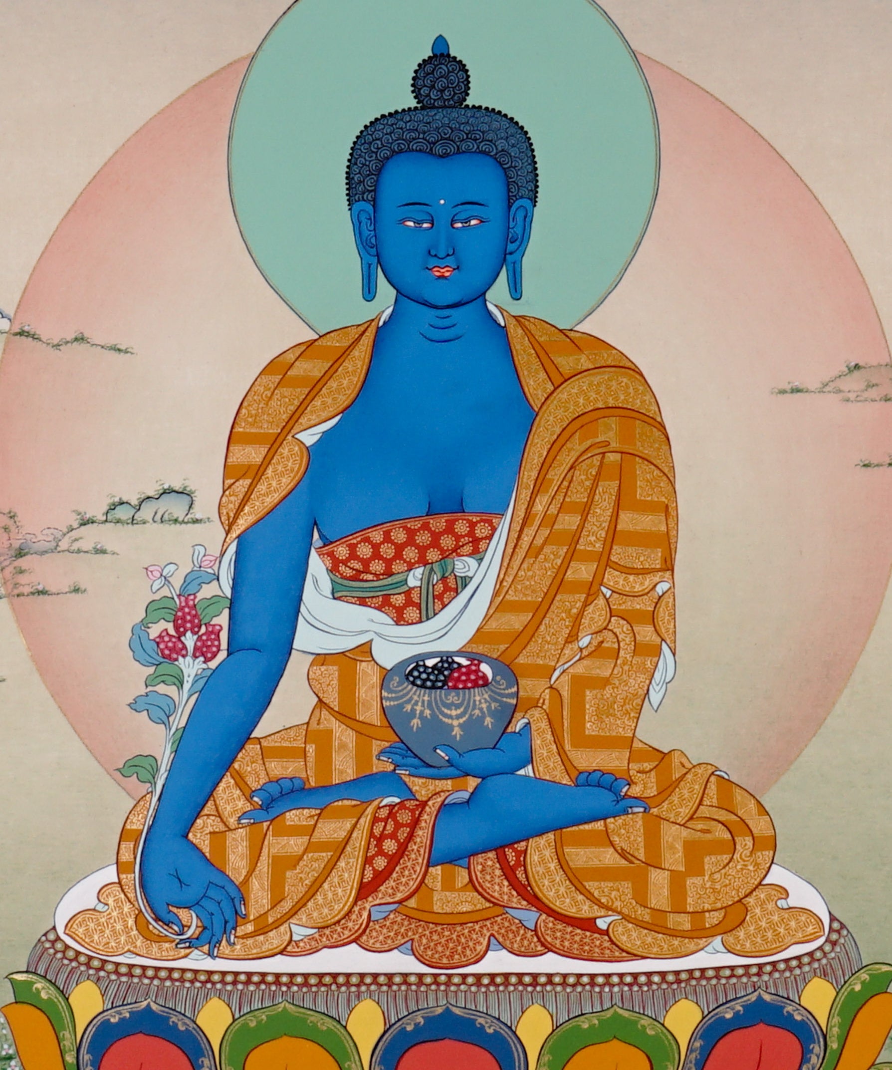 Medicine Buddha Thangka painting with blue Buddha figure, healing bowl, lotus throne, and Tibetan Buddhist healing symbolism.