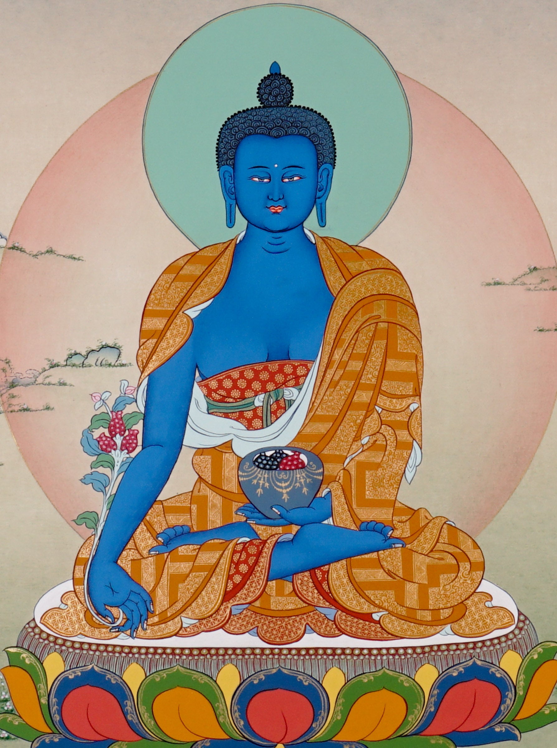 Medicine Buddha Thangka painting with blue Buddha figure, healing bowl, lotus throne, and Tibetan Buddhist healing symbolism.