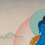 Medicine Buddha Thangka painting with blue Buddha figure, healing bowl, lotus throne, and Tibetan Buddhist healing symbolism.