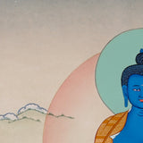 Medicine Buddha Thangka painting with blue Buddha figure, healing bowl, lotus throne, and Tibetan Buddhist healing symbolism.