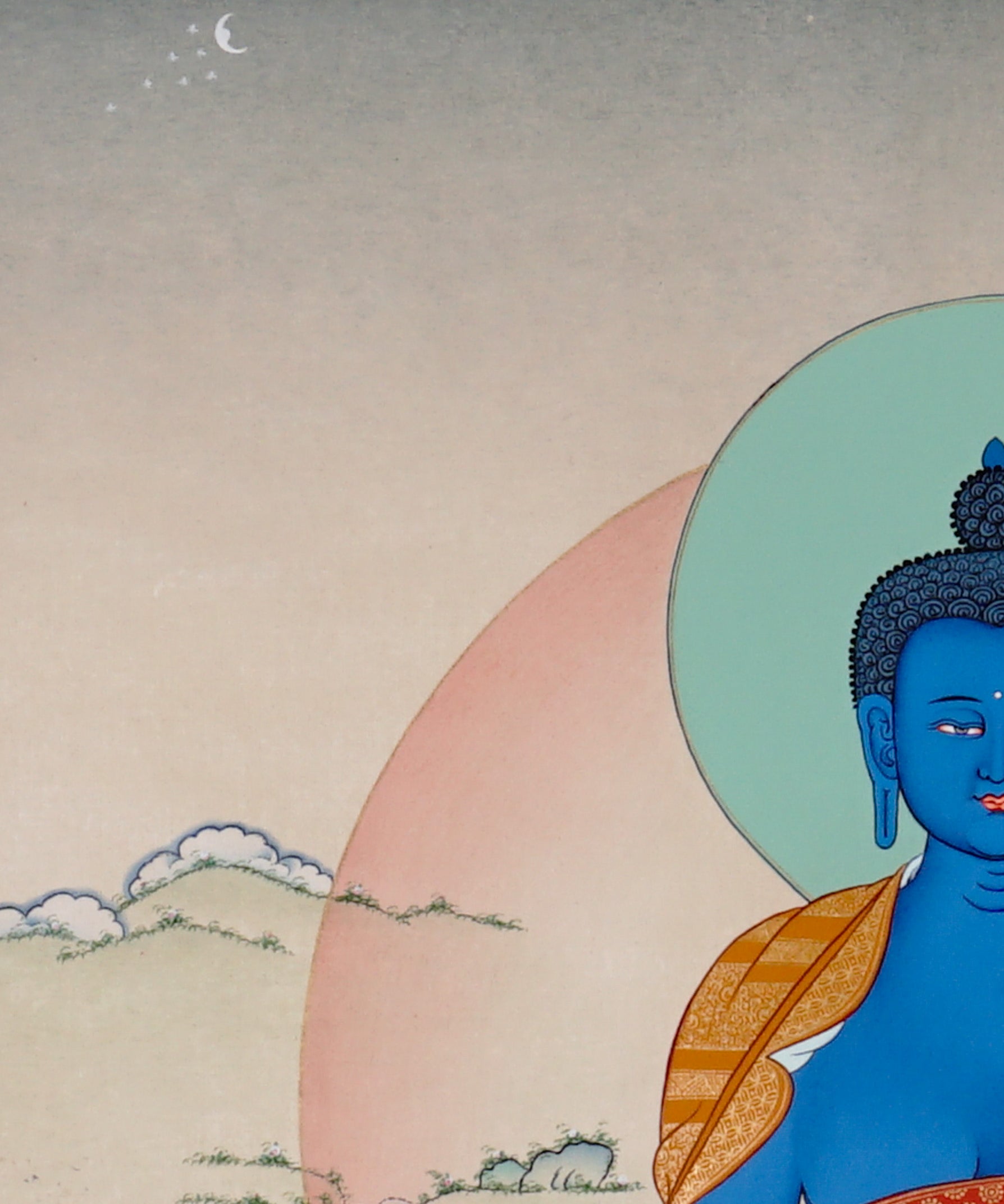 Medicine Buddha Thangka painting with blue Buddha figure, healing bowl, lotus throne, and Tibetan Buddhist healing symbolism.