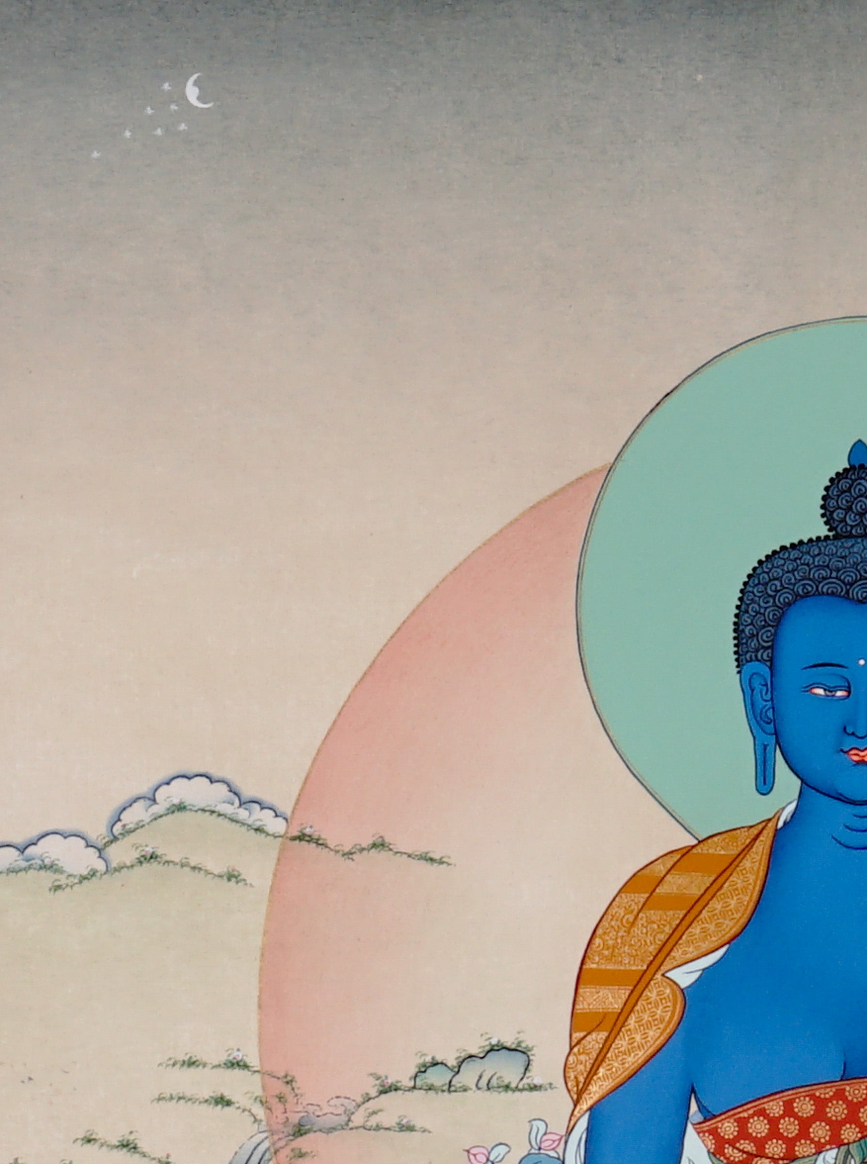 Medicine Buddha Thangka painting with blue Buddha figure, healing bowl, lotus throne, and Tibetan Buddhist healing symbolism.