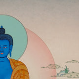 Medicine Buddha Thangka painting with blue Buddha figure, healing bowl, lotus throne, and Tibetan Buddhist healing symbolism.