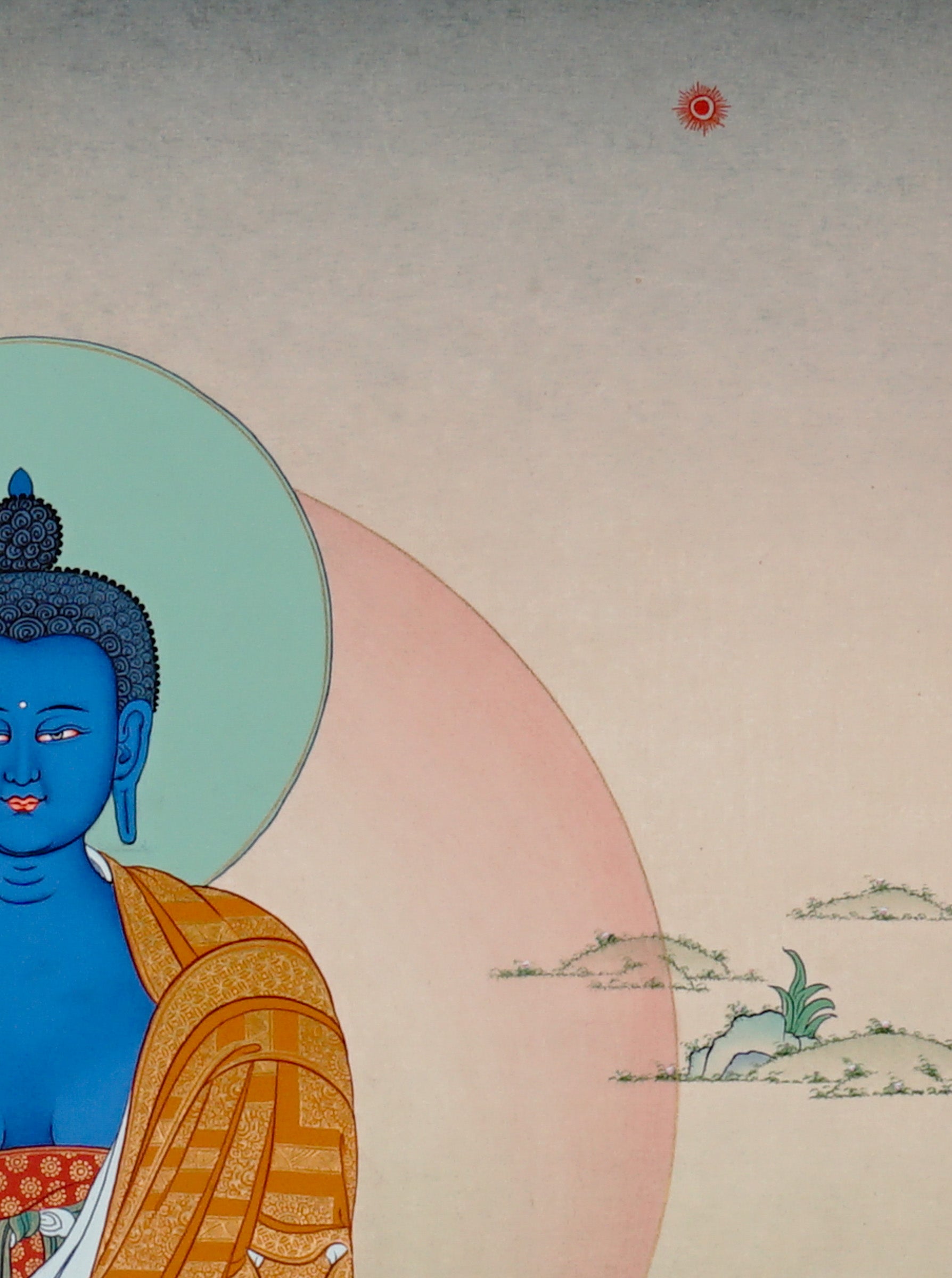 Medicine Buddha Thangka painting with blue Buddha figure, healing bowl, lotus throne, and Tibetan Buddhist healing symbolism.