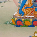 Medicine Buddha Thangka painting with blue Buddha figure, healing bowl, lotus throne, and Tibetan Buddhist healing symbolism.