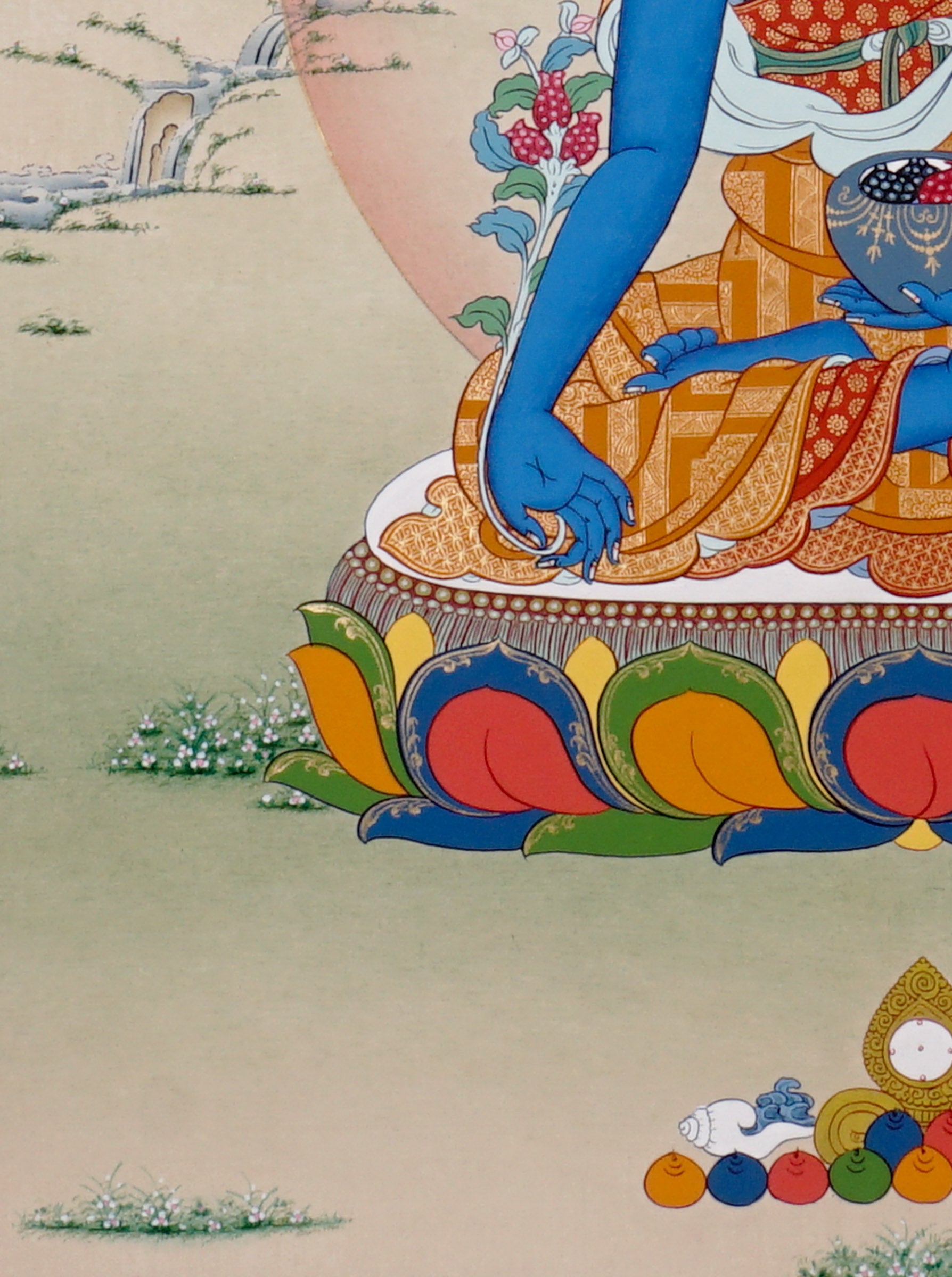 Medicine Buddha Thangka painting with blue Buddha figure, healing bowl, lotus throne, and Tibetan Buddhist healing symbolism.