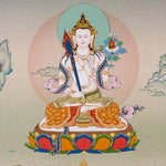 Akashgarbha Thangka painting with lotus throne, sacred attribute, floral symbolism, and Tibetan Buddhist wisdom imagery.