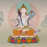 Akashgarbha Thangka painting with lotus throne, sacred attribute, floral symbolism, and Tibetan Buddhist wisdom imagery.