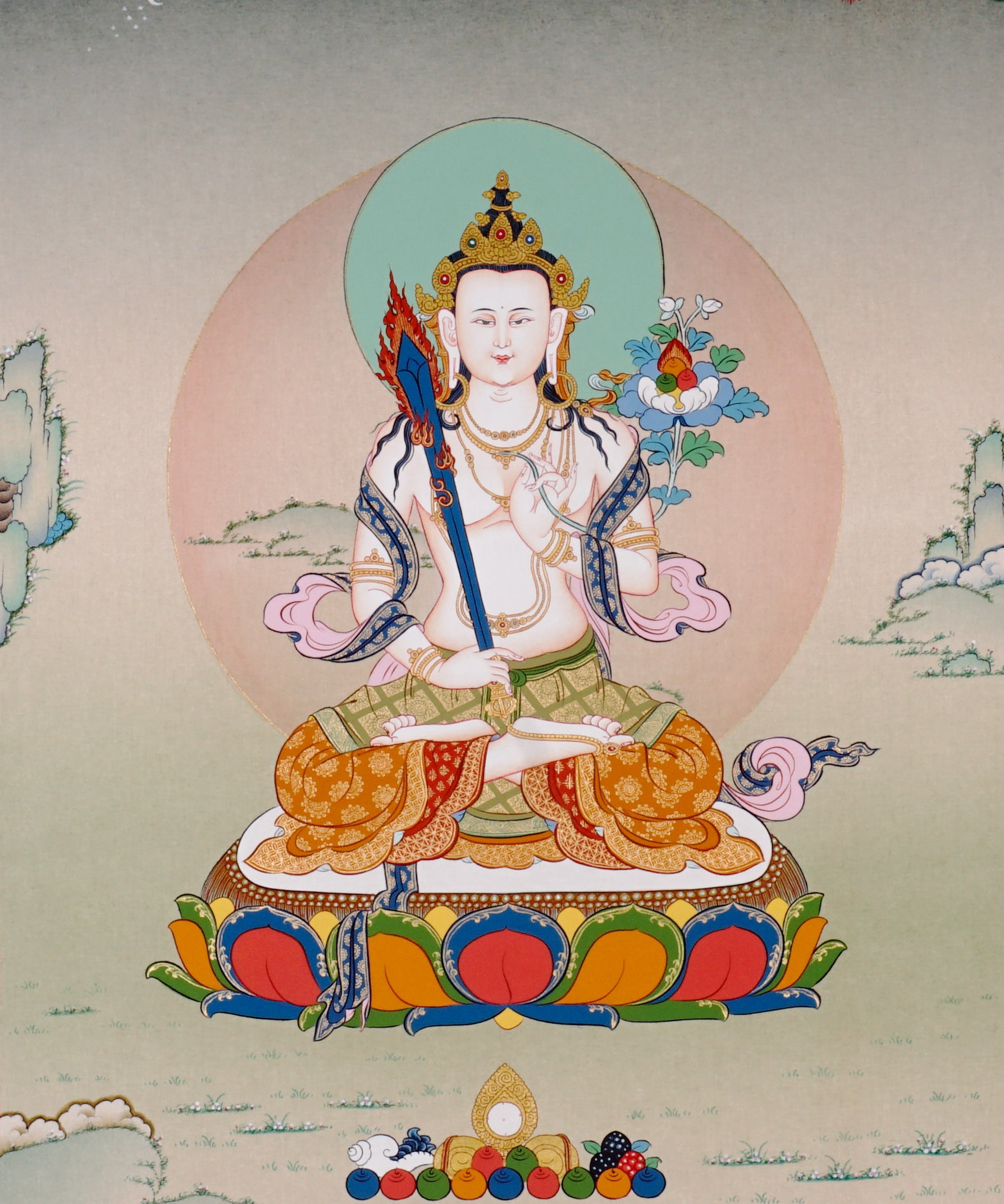 Akashgarbha Thangka painting with lotus throne, sacred attribute, floral symbolism, and Tibetan Buddhist wisdom imagery.