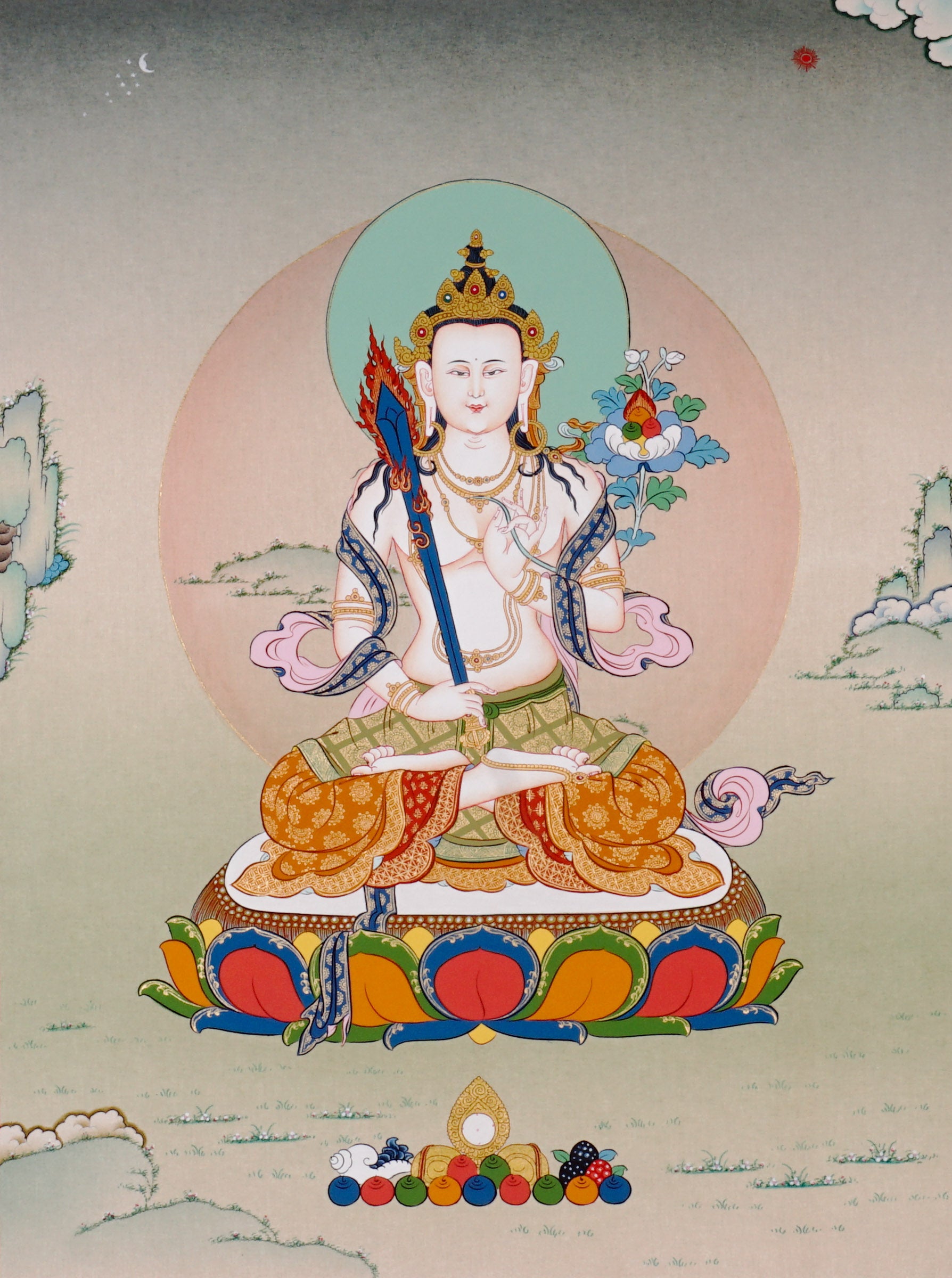 Akashgarbha Thangka painting with lotus throne, sacred attribute, floral symbolism, and Tibetan Buddhist wisdom imagery.
