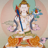 Akashgarbha Thangka painting with lotus throne, sacred attribute, floral symbolism, and Tibetan Buddhist wisdom imagery.