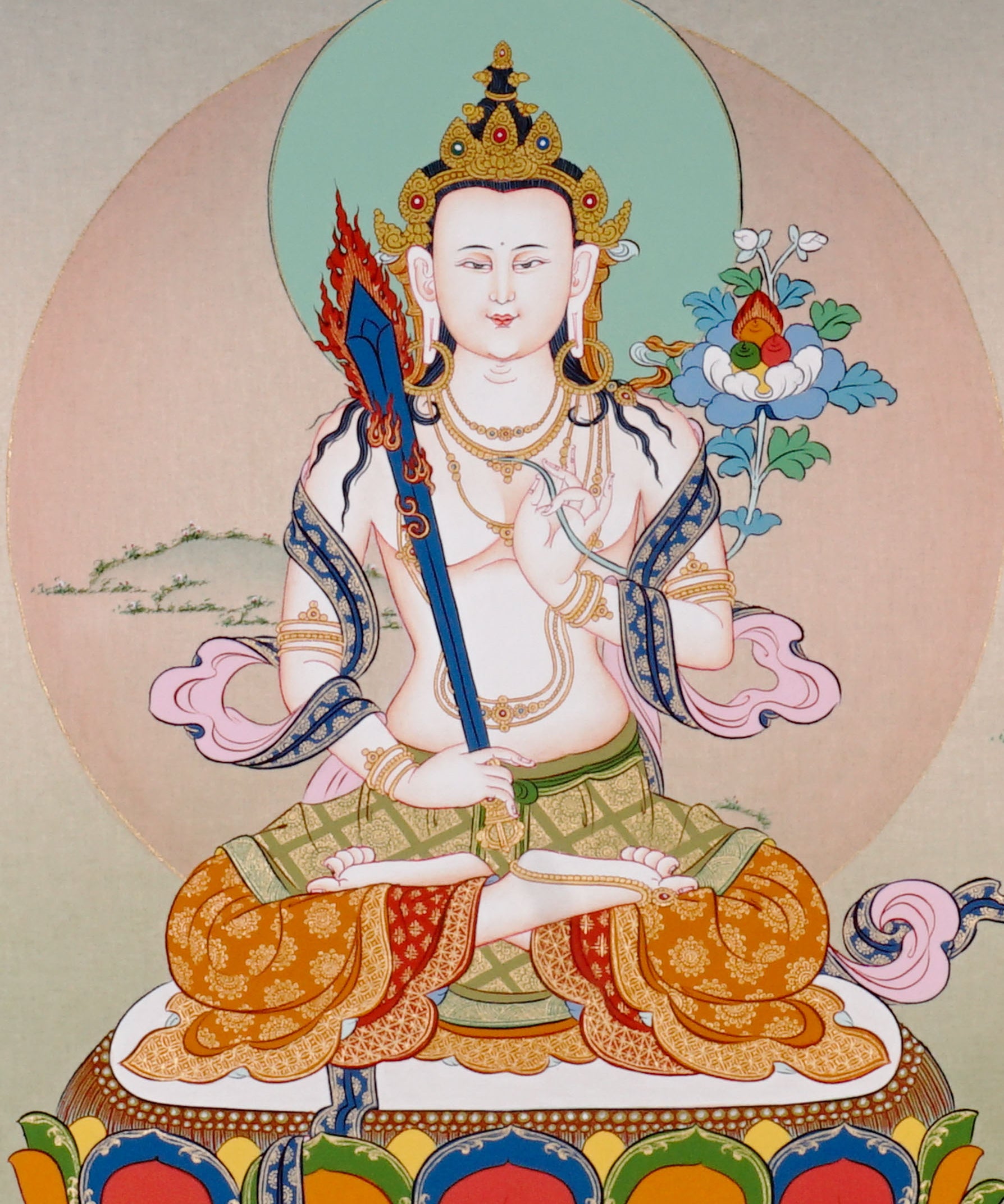 Akashgarbha Thangka painting with lotus throne, sacred attribute, floral symbolism, and Tibetan Buddhist wisdom imagery.