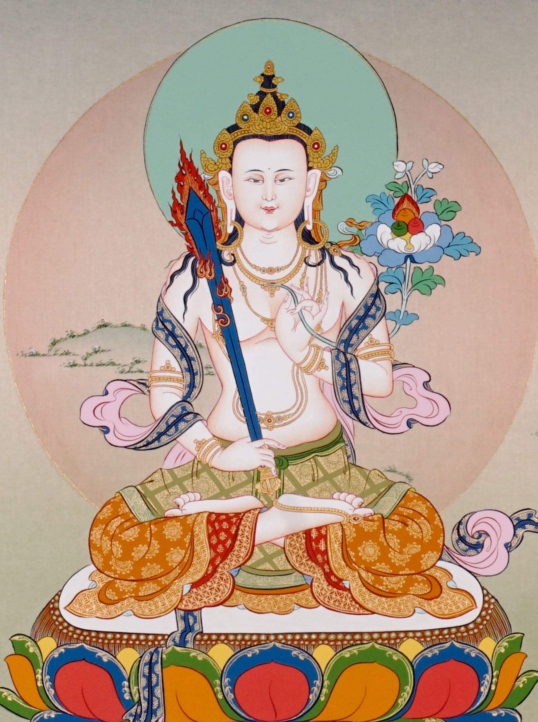 Akashgarbha Thangka painting with lotus throne, sacred attribute, floral symbolism, and Tibetan Buddhist wisdom imagery.