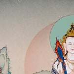 Akashgarbha Thangka painting with lotus throne, sacred attribute, floral symbolism, and Tibetan Buddhist wisdom imagery.