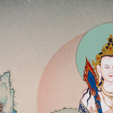 Akashgarbha Thangka painting with lotus throne, sacred attribute, floral symbolism, and Tibetan Buddhist wisdom imagery.