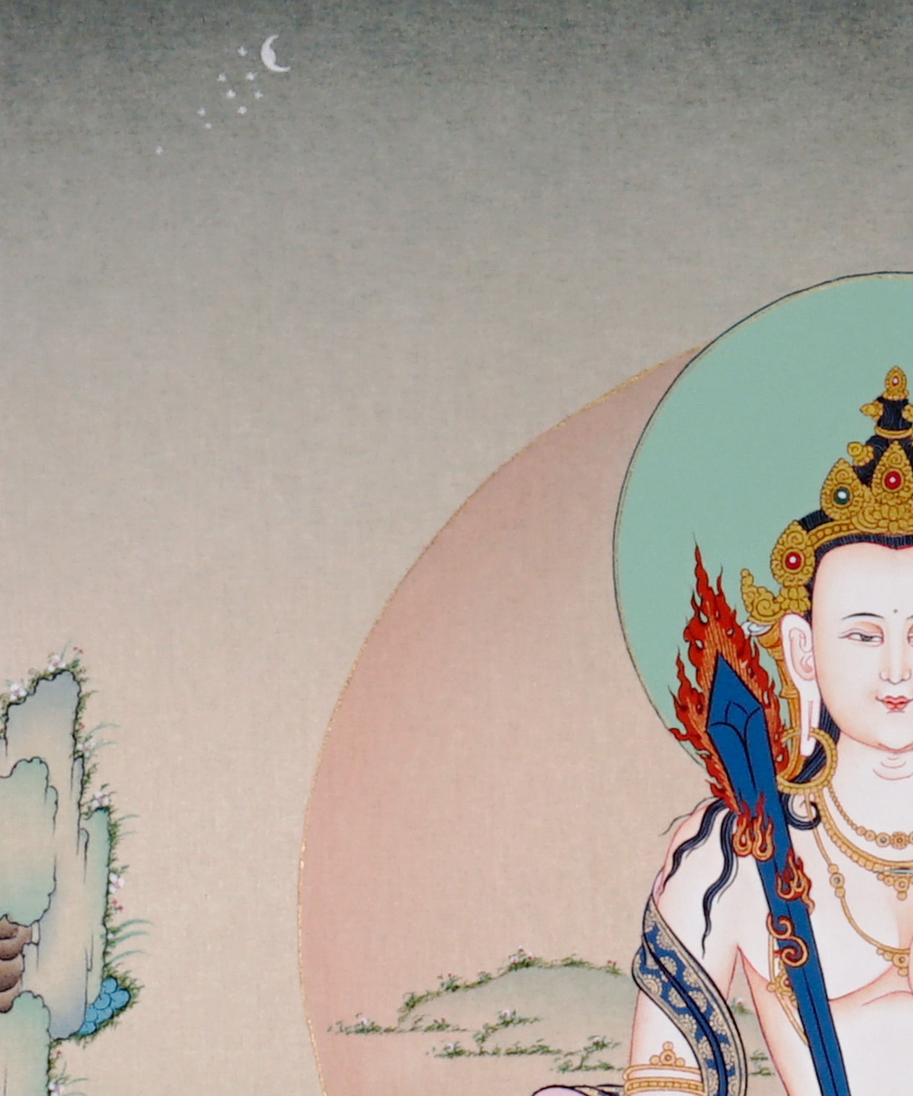 Akashgarbha Thangka painting with lotus throne, sacred attribute, floral symbolism, and Tibetan Buddhist wisdom imagery.