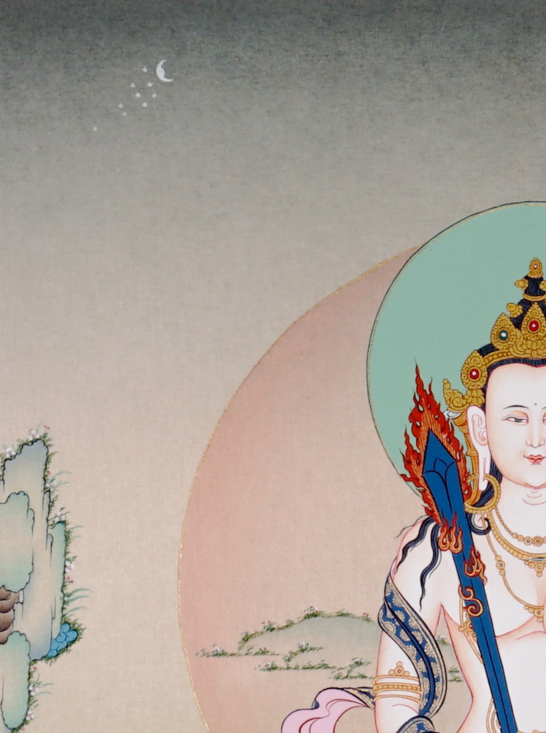 Akashgarbha Thangka painting with lotus throne, sacred attribute, floral symbolism, and Tibetan Buddhist wisdom imagery.