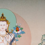 Akashgarbha Thangka painting with lotus throne, sacred attribute, floral symbolism, and Tibetan Buddhist wisdom imagery.