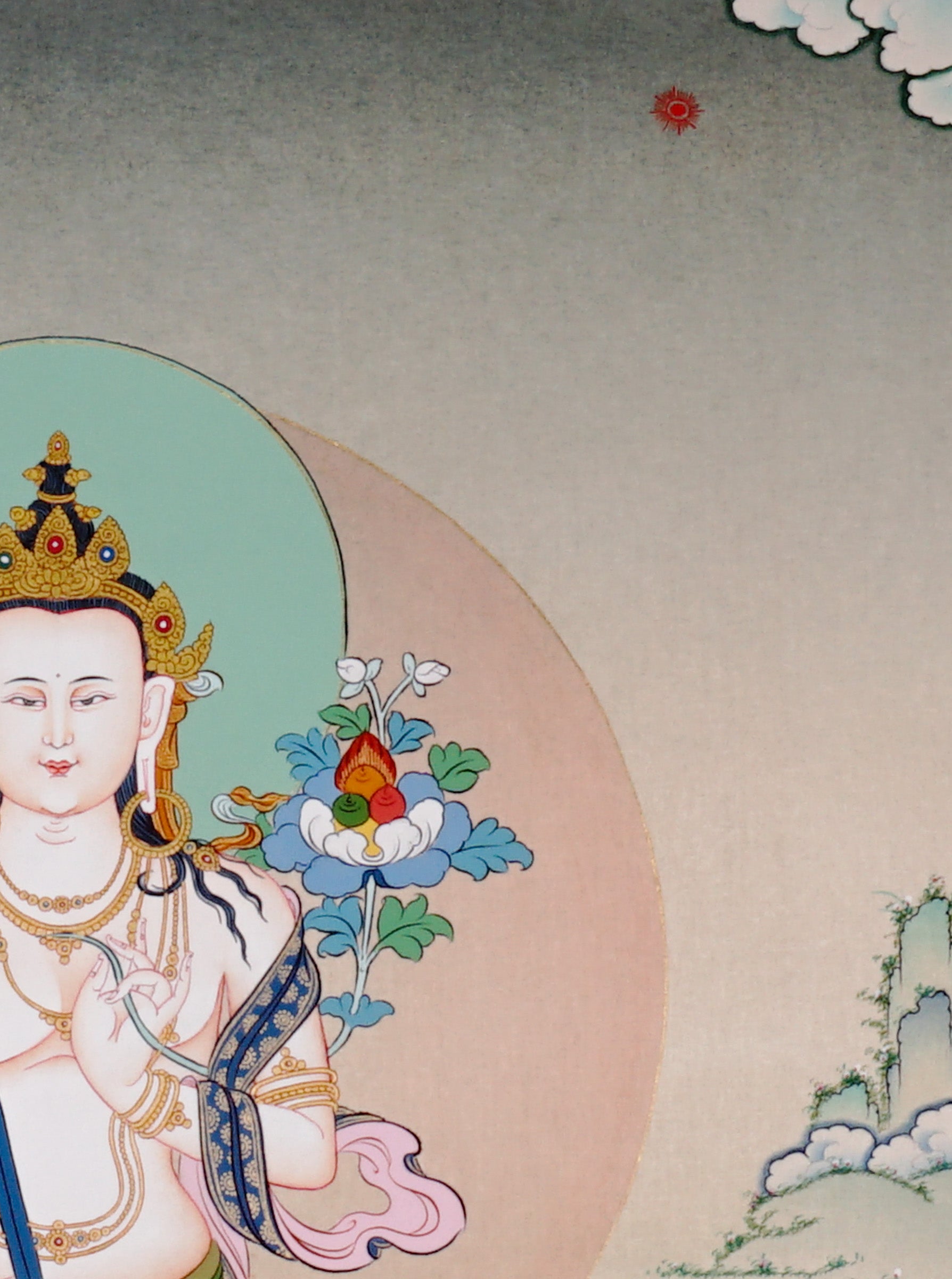 Akashgarbha Thangka painting with lotus throne, sacred attribute, floral symbolism, and Tibetan Buddhist wisdom imagery.